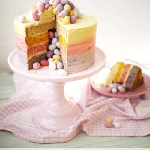 Mini Egg Cake with layers, different colours and mini eggs inside.