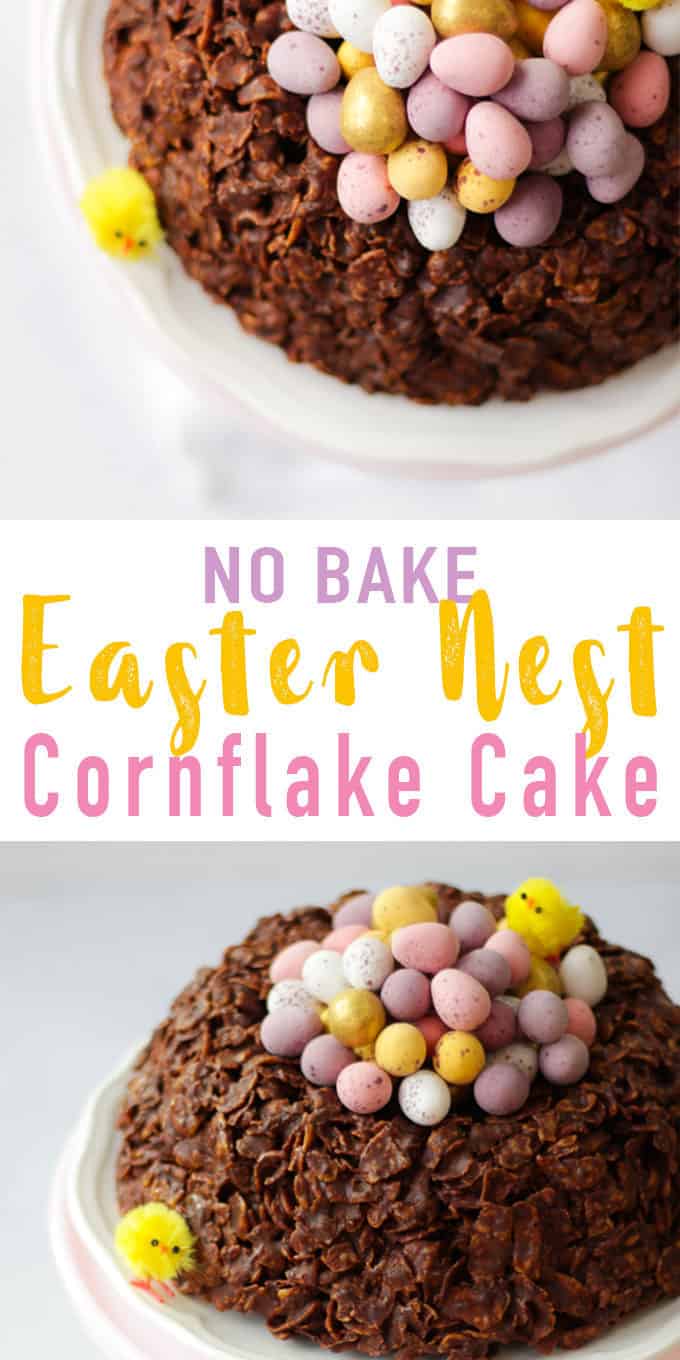This easy GIANT Easter Nest Cornflake Cake Recipe is so much fun to make. Simple and really tasty, a fab no bake Easter make full of candy treats. It uses just 5 store cupboard ingredients - butter, chocolate, golden syrup and cornflakes.. Topped with Mini Eggs of course!