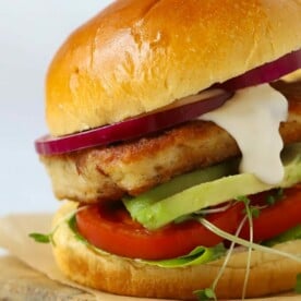 Halloumi burger with sweet chilli mayo in a brioche bun.
