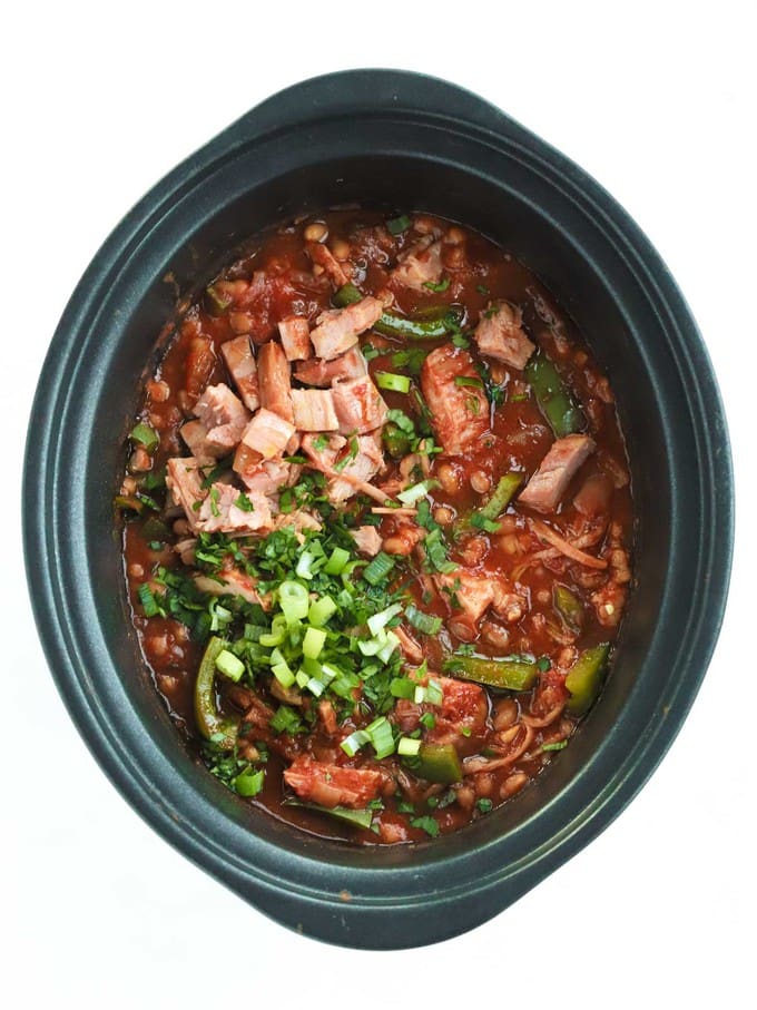 Campfire Stew Recipe with cooked ham and beans.