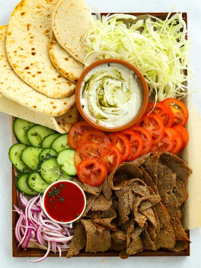 Finished meal of doner kebabs and fillings.