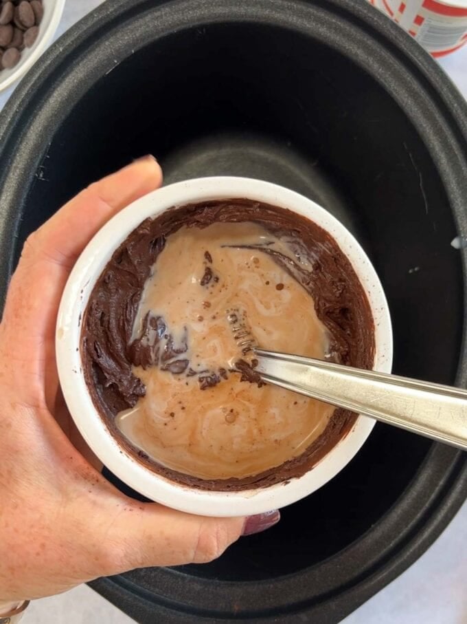 Step 1 of the recipe for Slow Cooker Hot Chocolate.