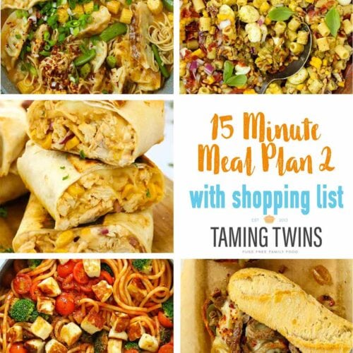 A graphic to illustrate the latest Taming Twins meal plan of 15 minute meals for summer.