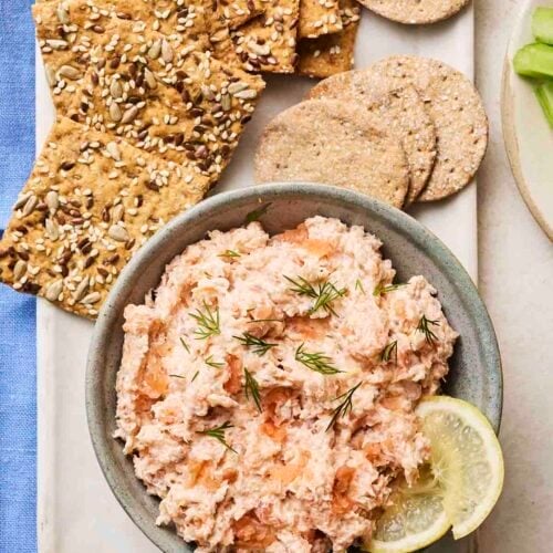 A platter of Smoked Salmon Pate and crackers.