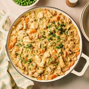 A pan filled with Chicken Casserole, on a table ready to serve.