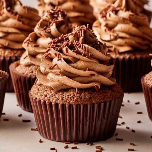 A close up of the side of Chocolate muffins with swirls decoration.