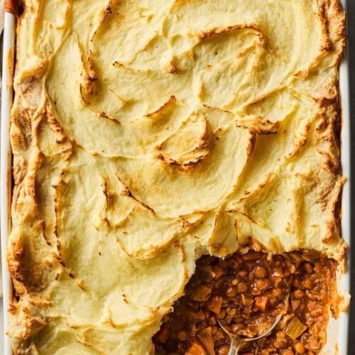 Delicious and hearty Veggie Cottage Pie straight out of the oven.