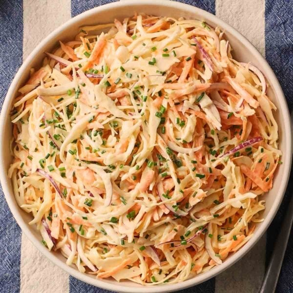 A close up of a bowl with homemade coleslaw inside, with cabbage, carrots and red ontopn, with chives on top, on a blue and white tablecloth.